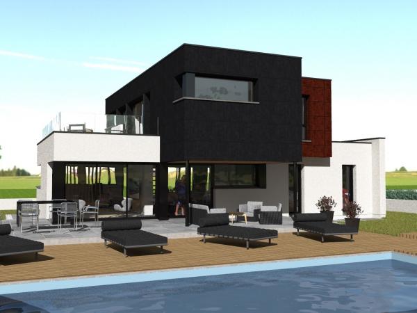 Modèle de maison R+1 cubique à étage - vue depuis la piscine