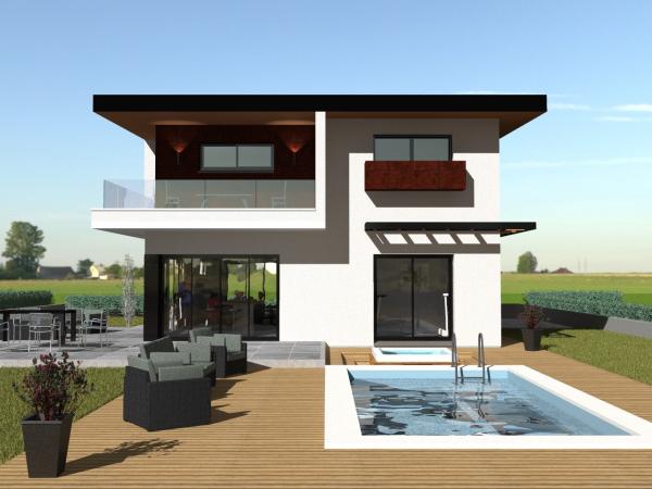 Modèle maison R+1 cubique d'Architecte - jardin