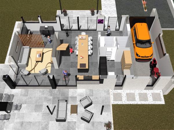 Plan de maison R+1 cubique à étage - rez-de-chaussée _ jardin