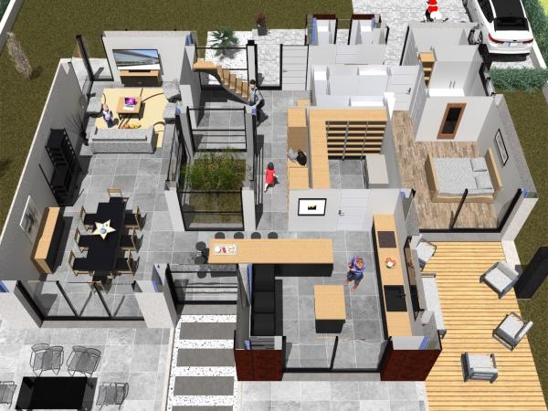 Plan maison à étage contemporaine d'Architecte - rdc - façade arrière