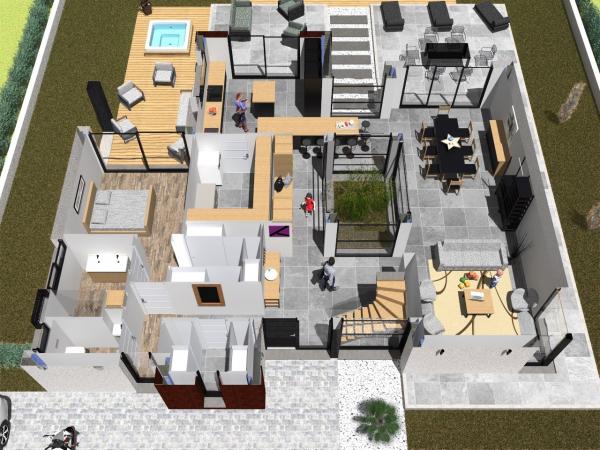 Plan maison à étage contemporaine d'Architecte - rdc - façade avant