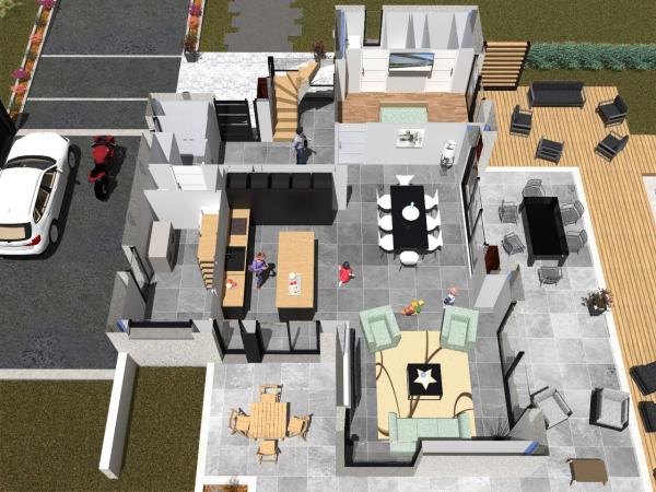 Plans de maison d'Architecte R+1 cubique - rdc - façade arrière