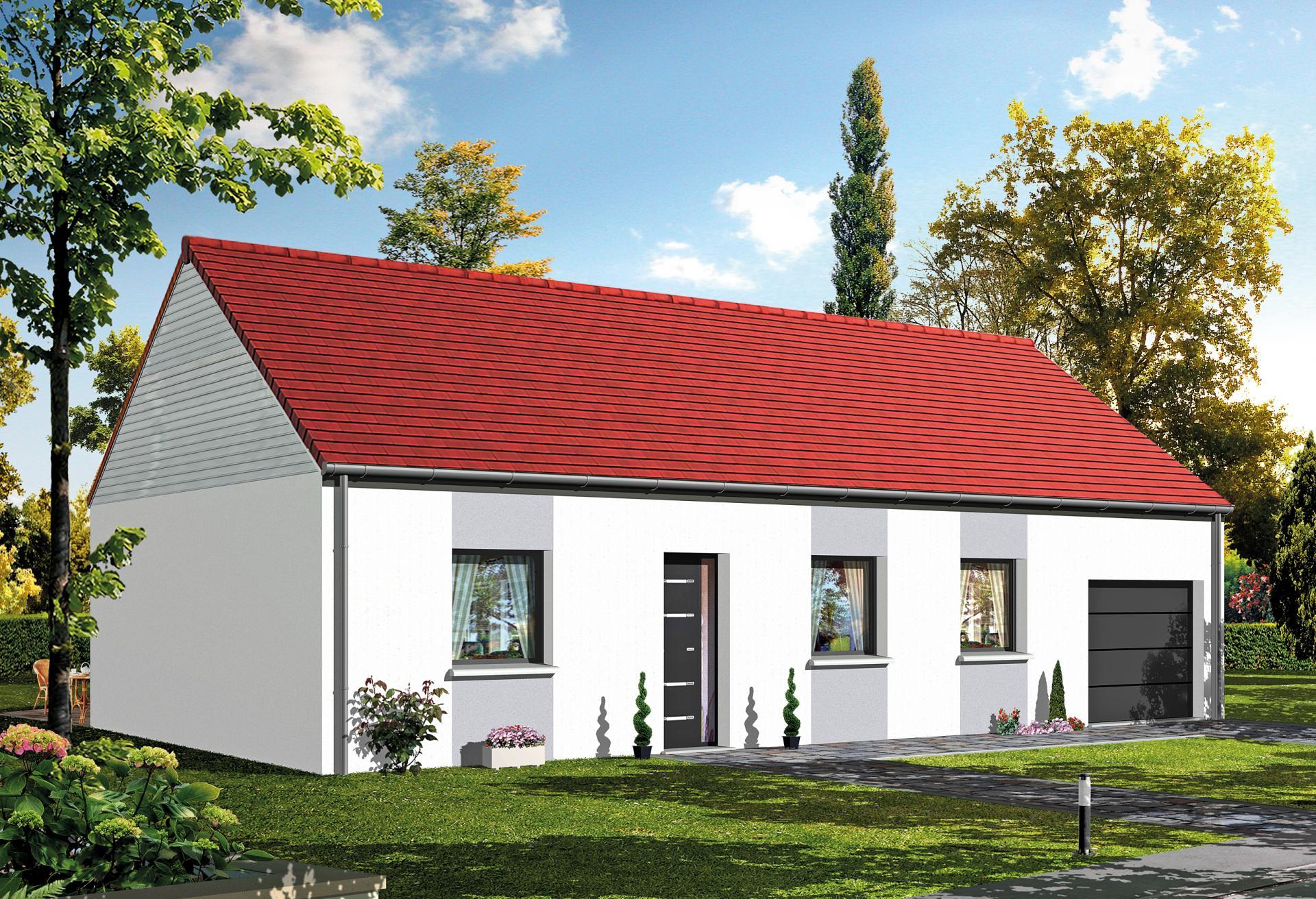Plan de maison plain-pied de 72 m², 4 pièces, 3 chambres, 1 salle de bain, et avec garage.