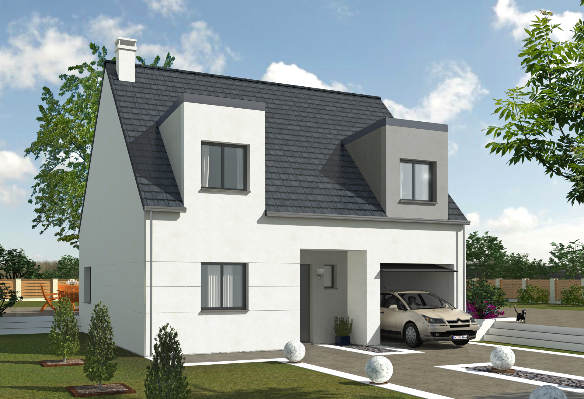 Plan de maison à étage de 93 m², 5 pièces, 4 chambres, 2 salles de bain, et avec garage.