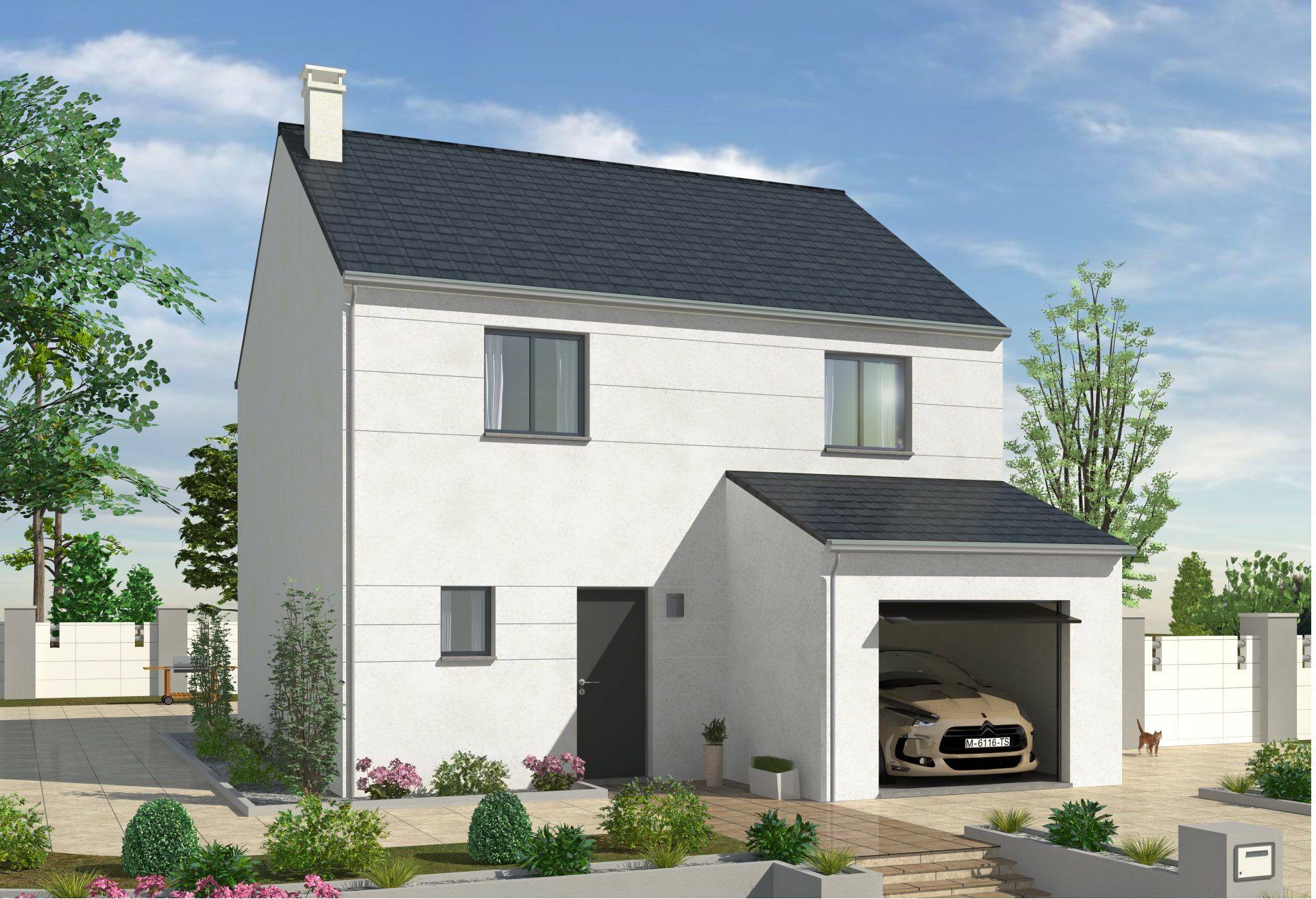 Plan de maison r+1 de 86 m², 5 pièces, 4 chambres, 2 salles de bain, et avec garage.