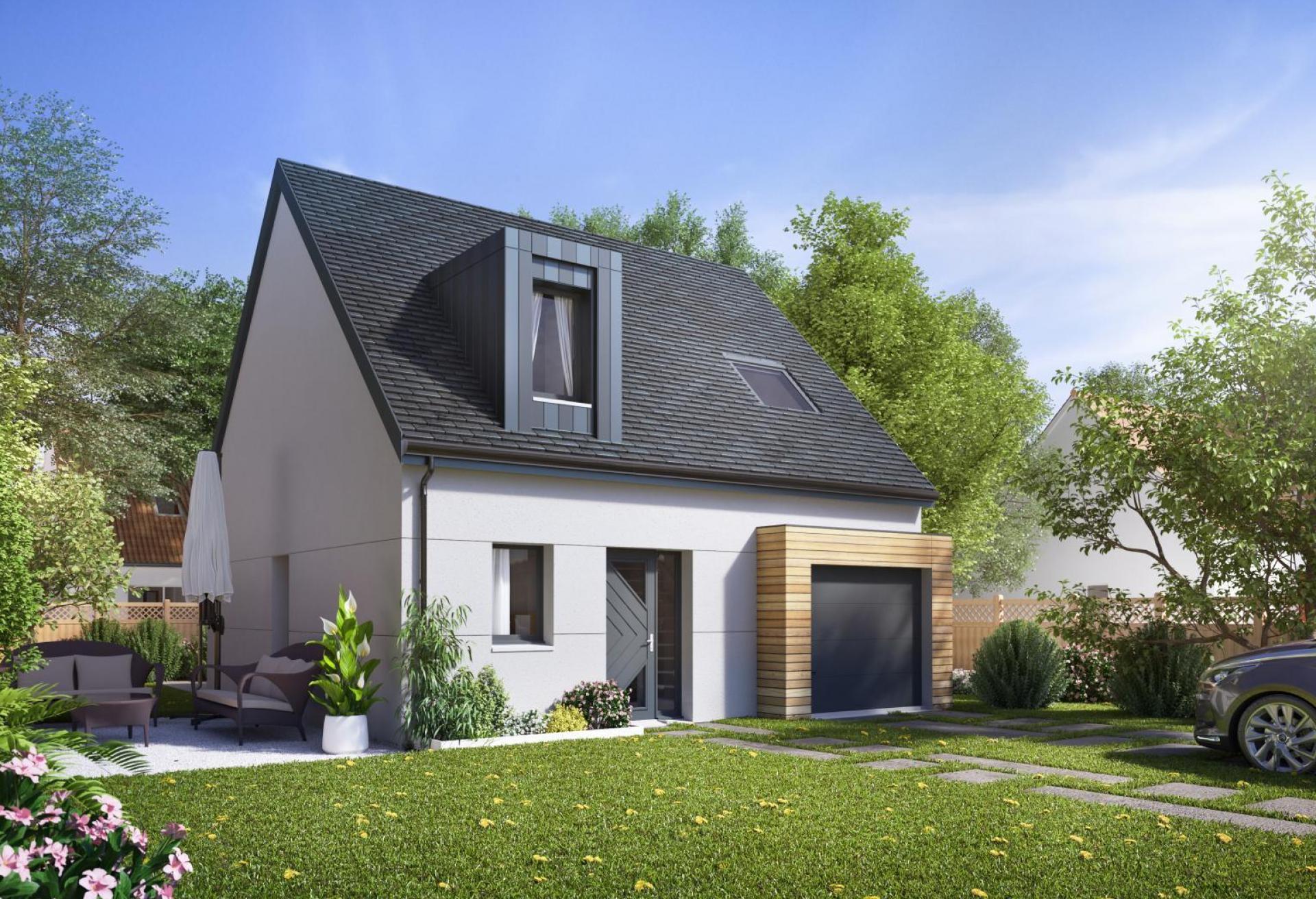 Plan de maison à étage de 77 m², 4 pièces, 3 chambres, 1 salle de bain, et avec garage.
