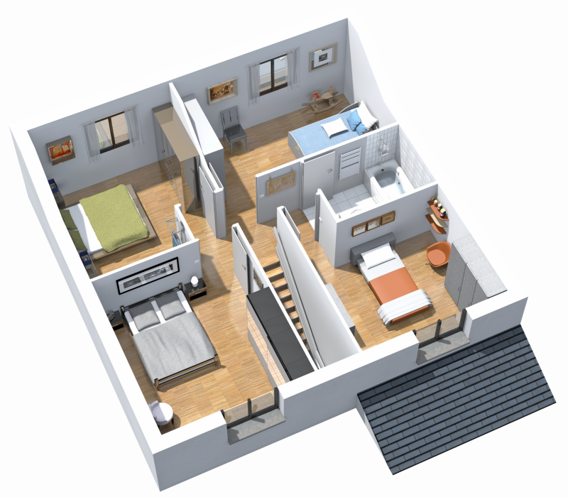 Plan 3D etage de maison contemporaine R+1 Inya