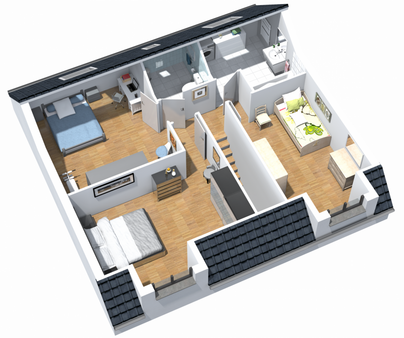 Plan 3D etage de maison traditionnelle R+combles Gaya