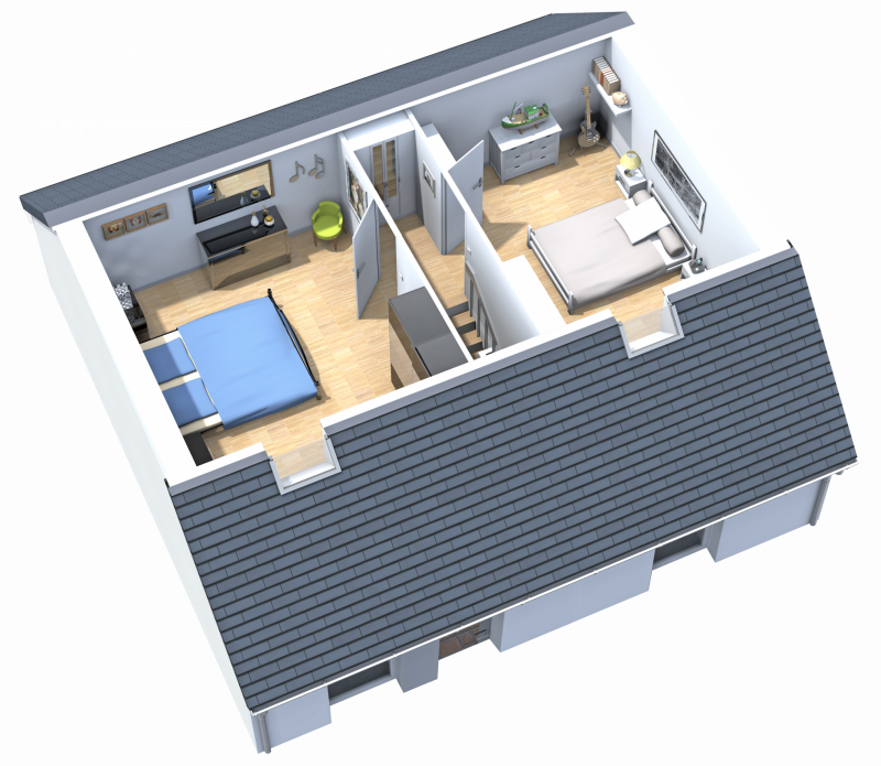 Plan 3D etage de maison traditionnelle R+combles Loya