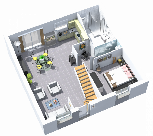 Plan 3D RDC de maison traditionnelle R+combles Loya