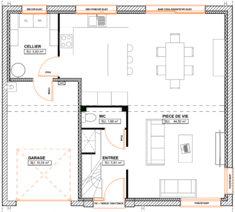 Plan de maison contemporaine R+combles 153_RDC