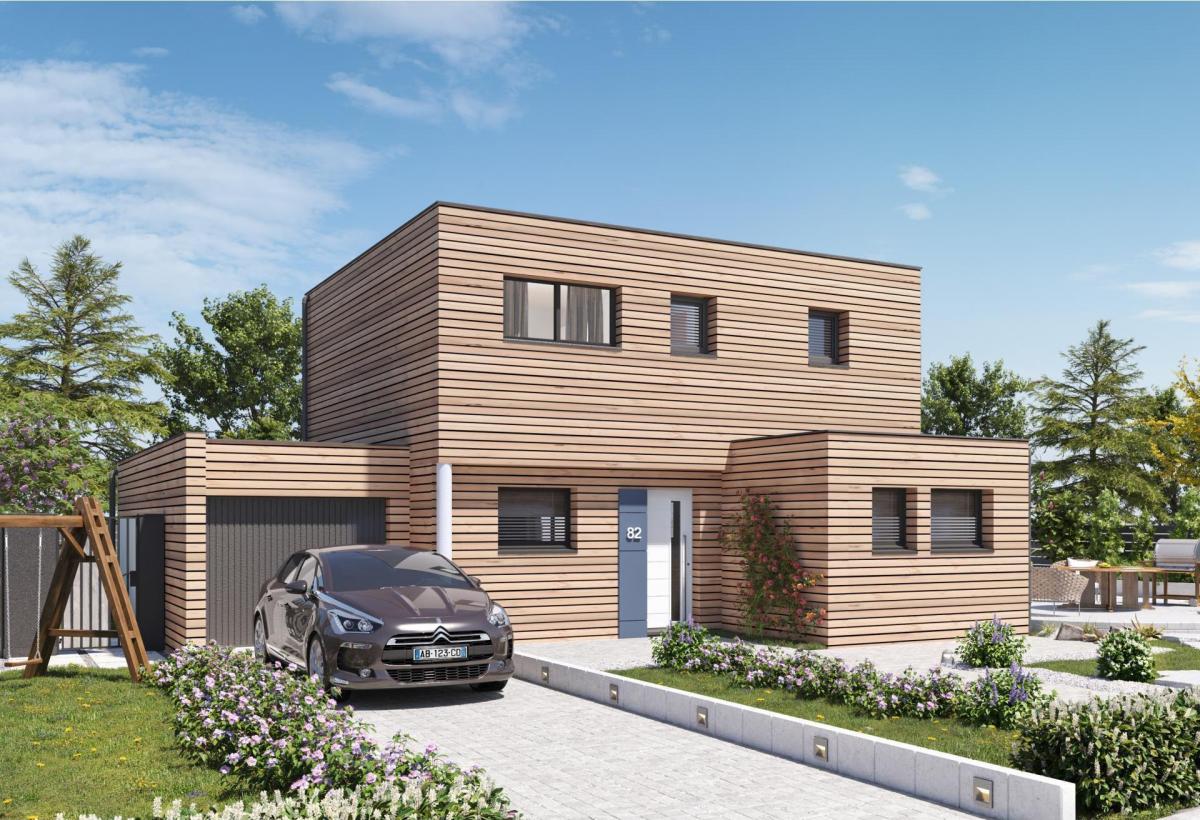 Plan de maison sur-mesure r+1 de 100 m², 6 pièces, 4 chambres, 2 salles de bain, et avec garage.