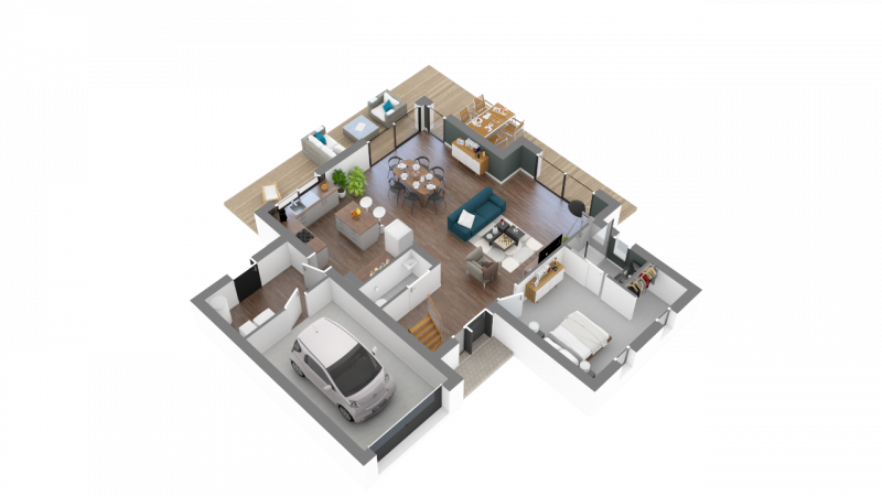 BDL - Plan de maison contemporaine à étage R+1 - 3 chambres - 2 salles de bains - avec garage - PC 143 _ Rez de chaussée