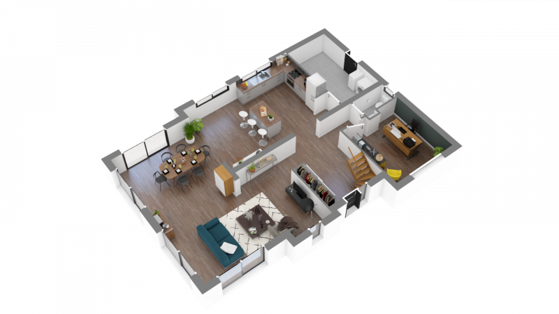 BDL - Plan de maison contemporaine à étage R+1 _ 3 chambres bureau 2 salles de bains _ PC 148 _ Rez de chaussée