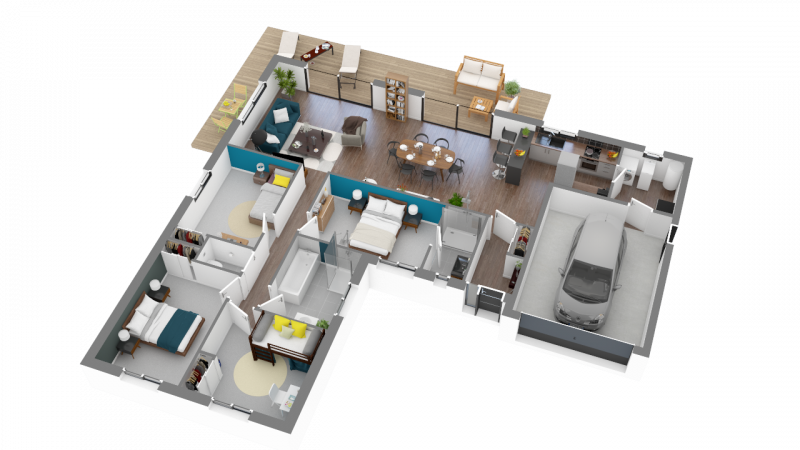 Plan 3D maison contemporaine de plain-pied 121m² 4 chambres 2 sdb avec garage n°135