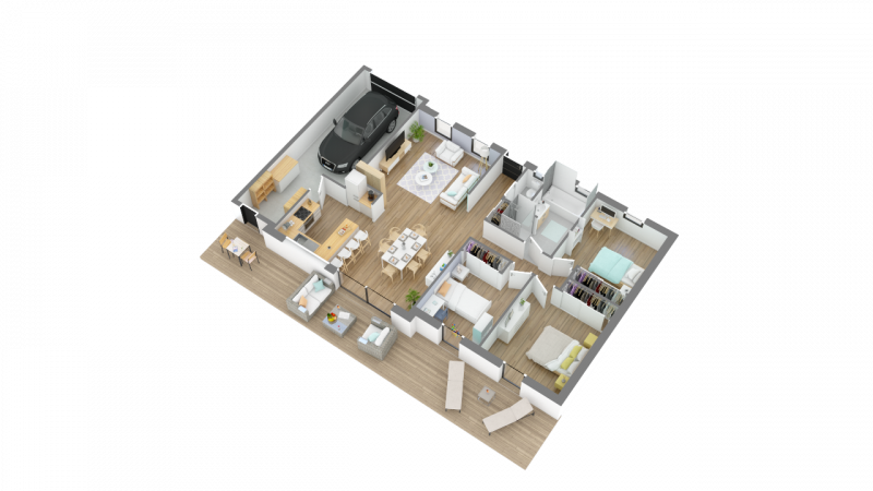 Plan 3D maison contemporaine de plain-pied 90m² 3 chambres et garage n°131