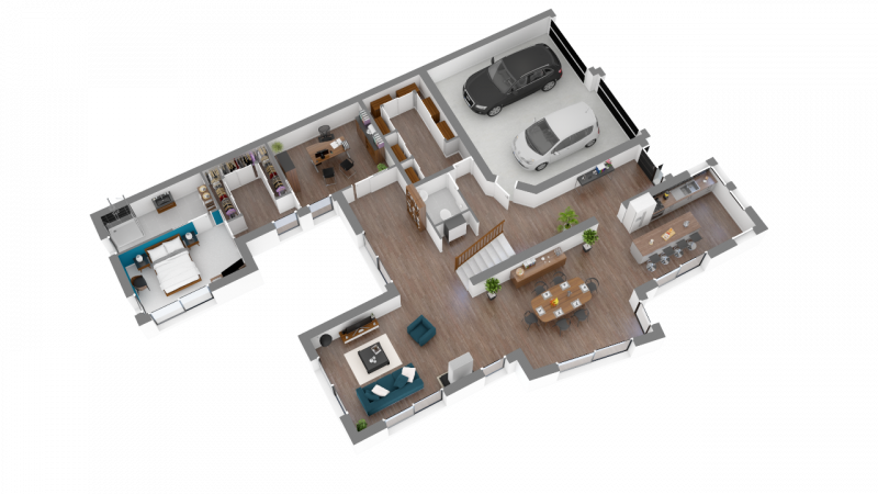 Plan 3D maison contemporaine écologique sur-mesure combles aménagés 282m² 4 chambres double garage Natura 0 - Rez-de-chaussée