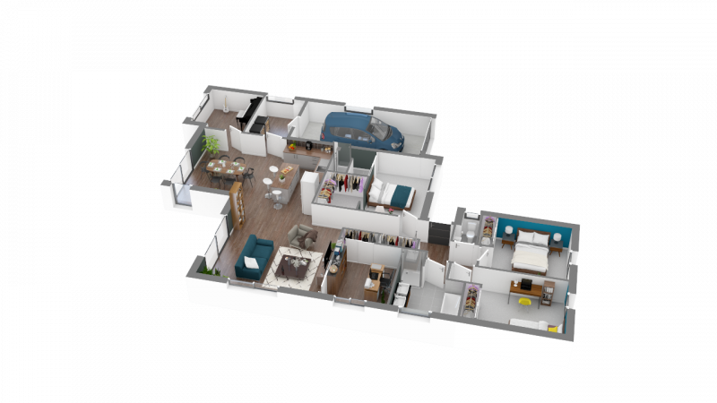Plan 3D maison contemporaine plain-pied 137m² 3 chambres garage n°136
