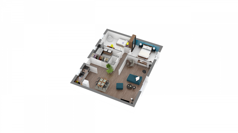 Plan 3D maison traditionnelle plain-pied 75m² 2 chambres n°92