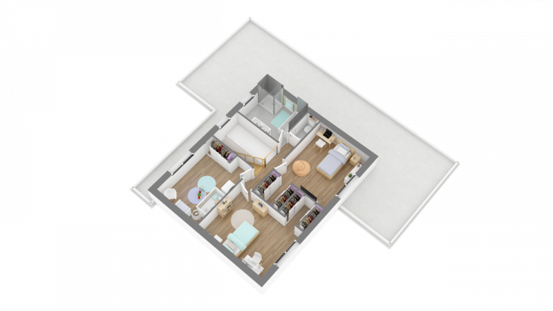 Plan maison 3D style contemporain à étage R+1 148m² 4 chambres et garage n°147 - Etage