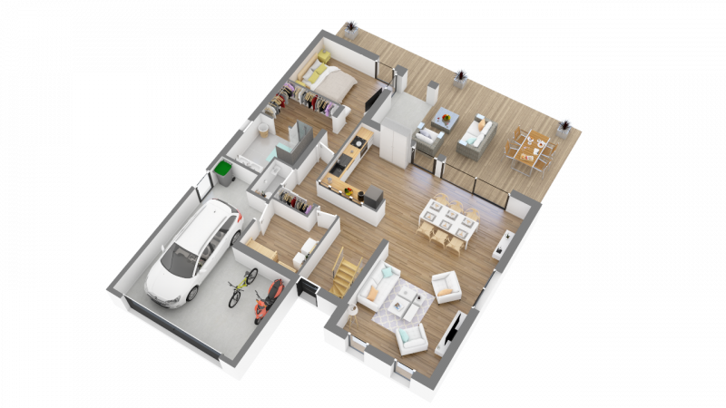 Plan maison 3D style contemporain à étage R+1 148m² 4 chambres et garage n°147 - Rez-de-chaussée