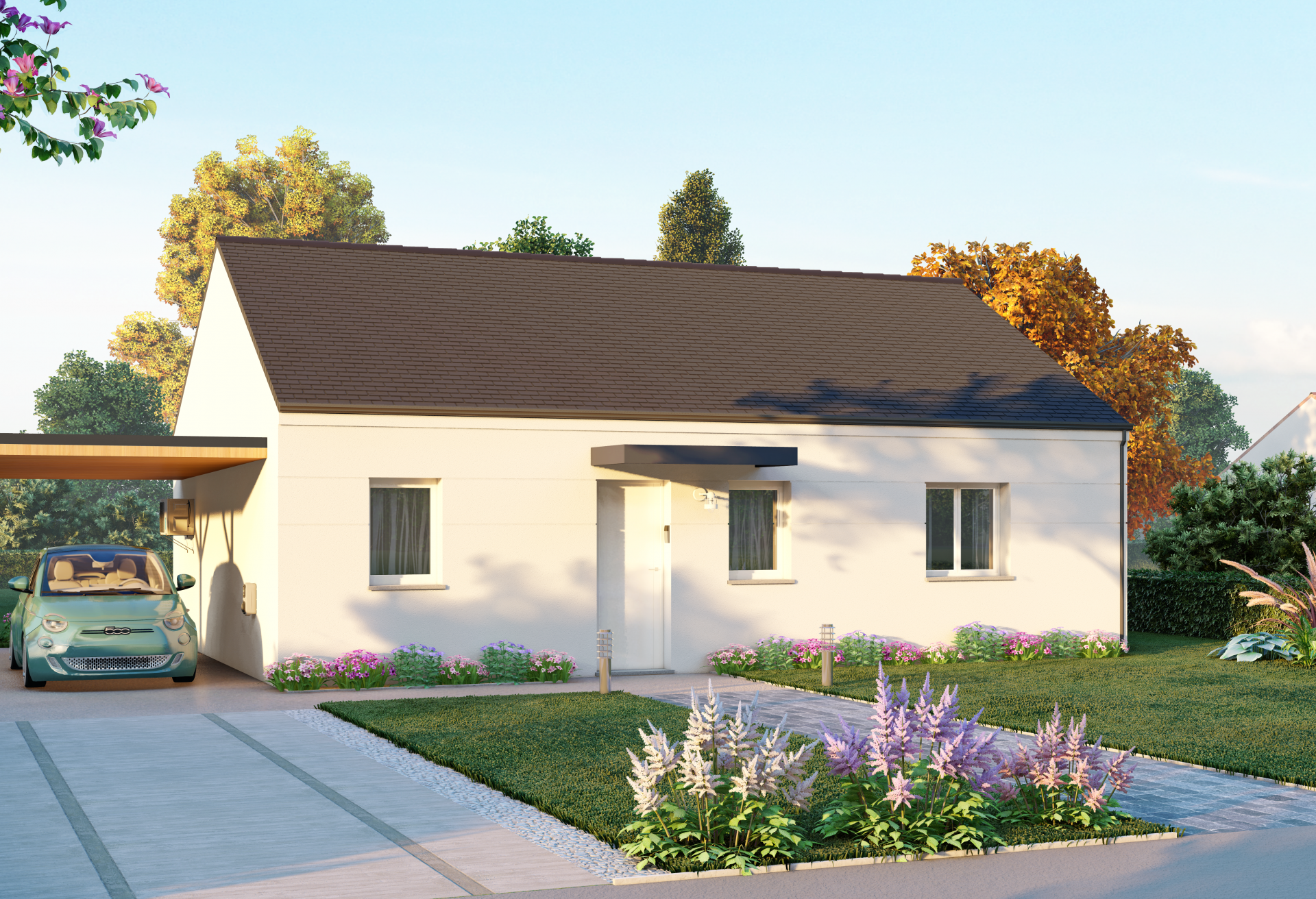 Plan de maison plain-pied de 69 m², 3 pièces, 2 chambres, 1 salle de bain.
