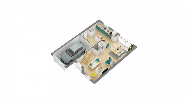 Plan 3D maison à étage traditionnelle de 86m² 4 chambres et garage n°99B - Rez-de-chaussée