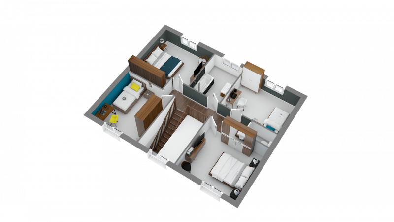 Plan 3D maison R+1 contemporaine 114m² 4 chambres avec garage n°126 - Etage