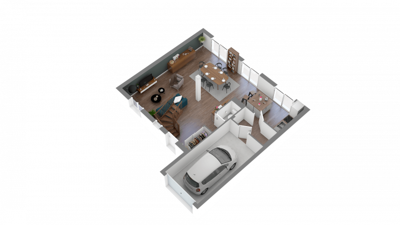 Plan 3D maison R+1 contemporaine 114m² 4 chambres avec garage n°126 - Rez-de-chaussée
