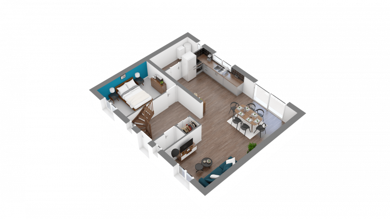 Plan 3D maison R+1 style traditionnel 123m² 5 chambres n°124 - Rez-de-chaussée