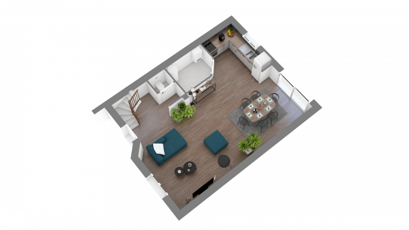 Plan 3D maison R+1 traditionnelle 87m² 3 chambres n°107 - Rez-de-chaussée