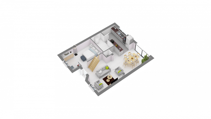 Plan 3D maison R+1 traditionnelle de 117m² 5 chambres n°108 - Rez-de-chaussée