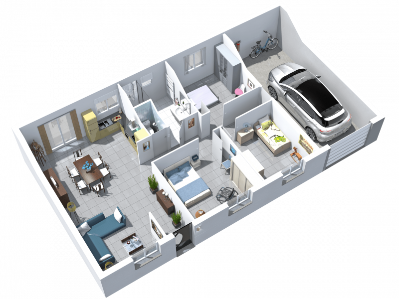 Plan 3D maison traditionnelle de plain pied 72m² 3 chambres avec garage Baya