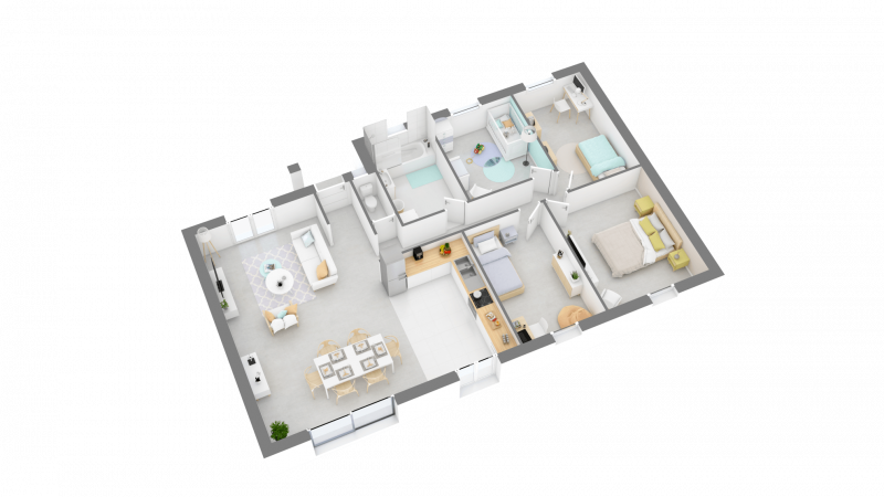 Plan maison 3D style contemporain plain-pied 99m² 4 chambres n°49