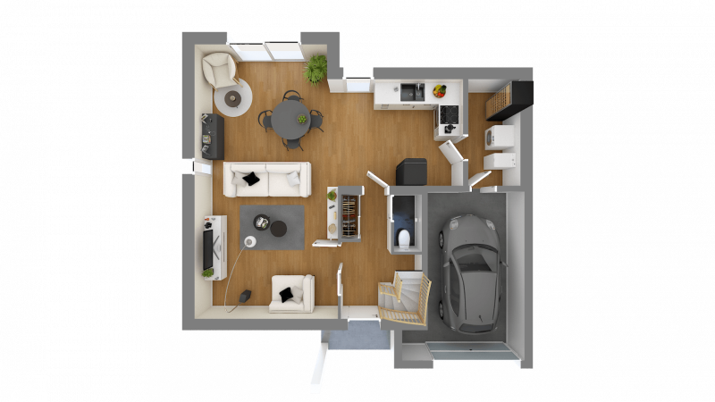 Plan maison à étage R+1 cubique contemporaine 4 chambres avec garage - n°28 - rez de chaussée