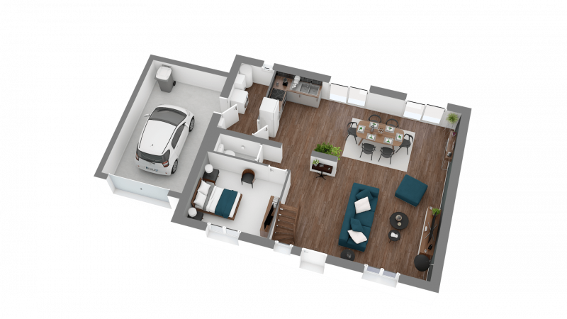Plan maison contemporaine à étage R+1 123m² n°125 - 5 chambres avec garage - Rez-de-chaussée