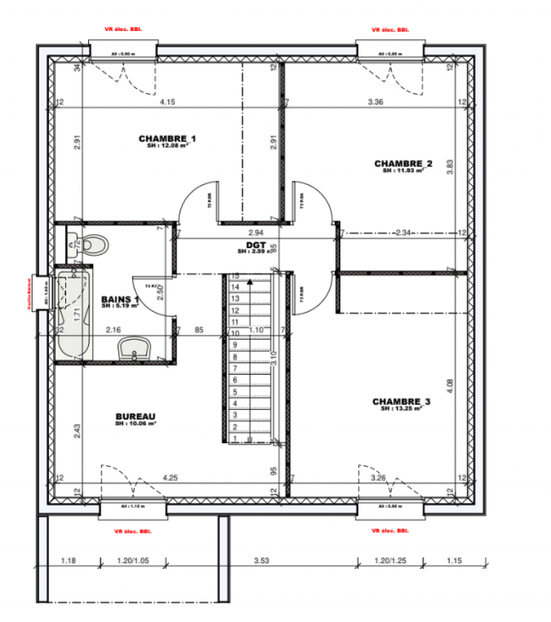 Plan maison R+1 cubique sur-mesure 3 chambres - étage