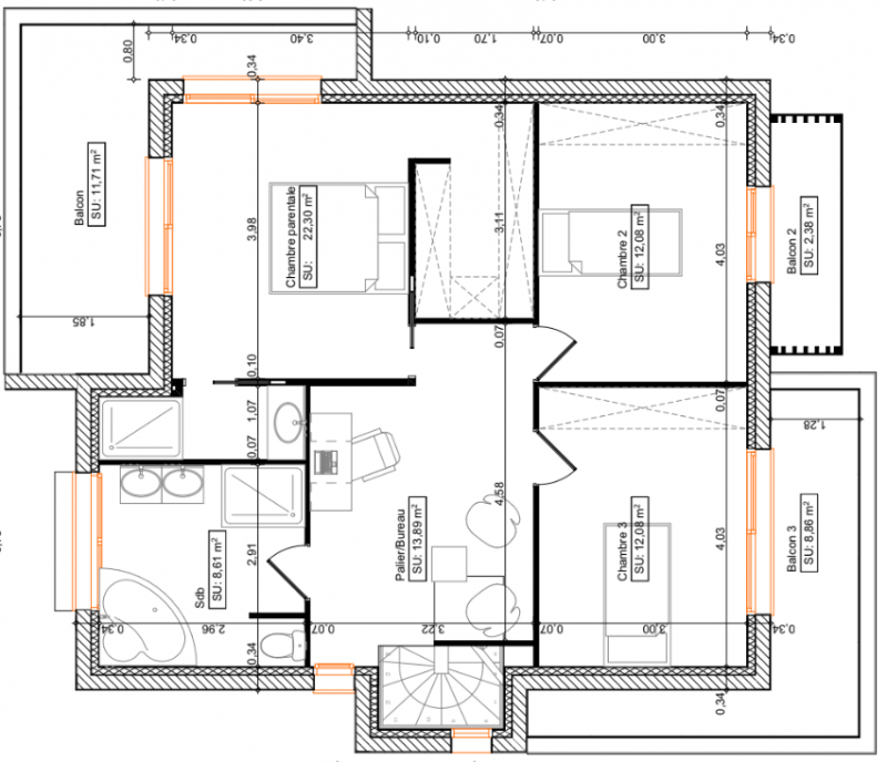 Plan maison R+1 cubique sur-mesure 3 chambres - étage