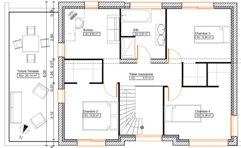 Plan maison R+1 cubique sur-mesure 4 chambres - étage