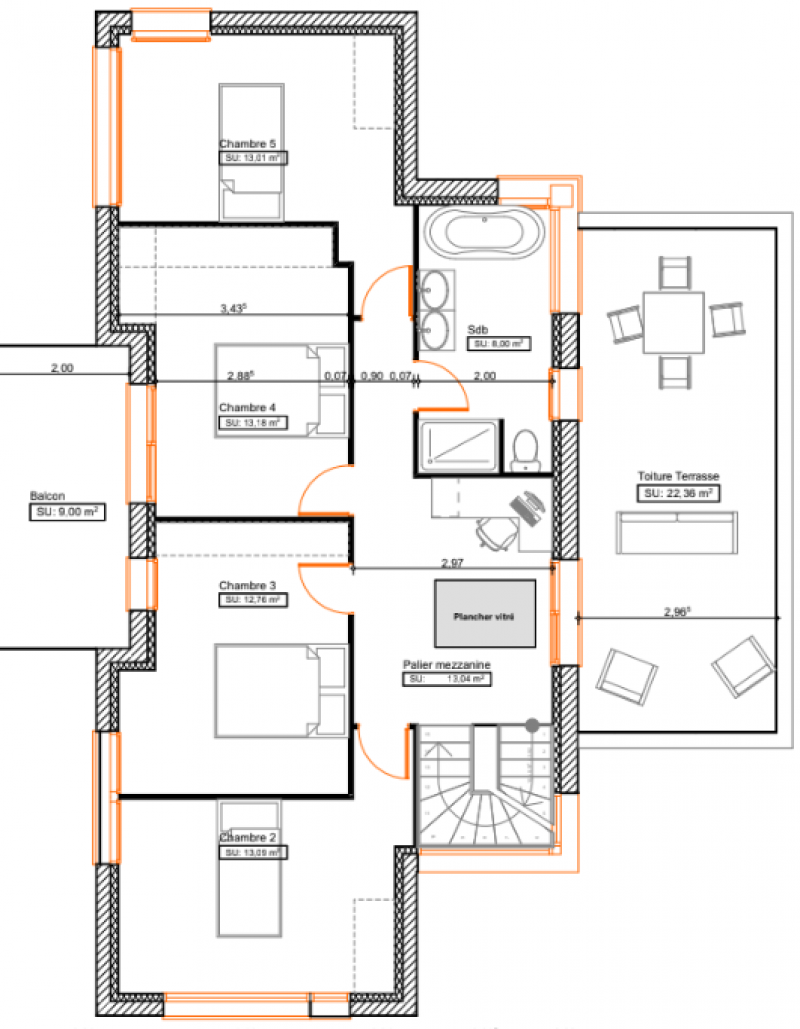 Plan maison R+1 cubique sur-mesure 4 chambres - étage