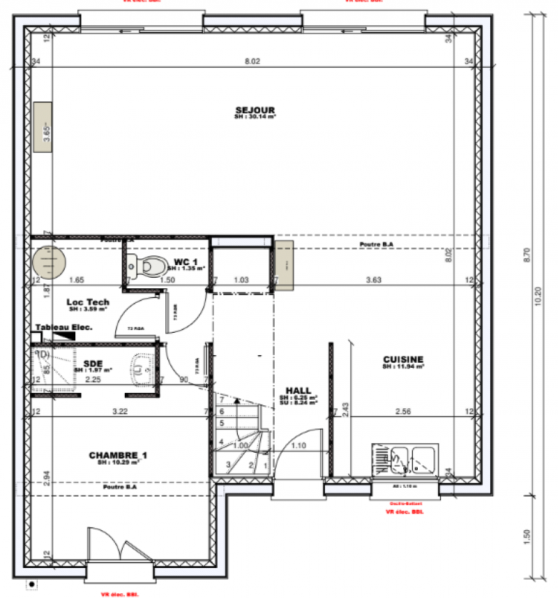 Plan maison R+1 cubique sur-mesure 4 chambres - rez-de-chaussée