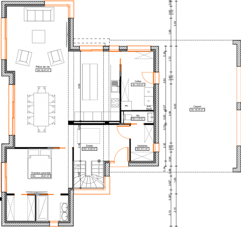 Plan maison R+1 cubique sur-mesure 4 chambres - rez-de-chaussée