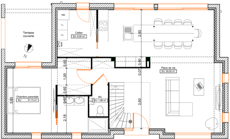 Plan maison R+1 cubique sur-mesure 4 chambres - rez-de-chaussée