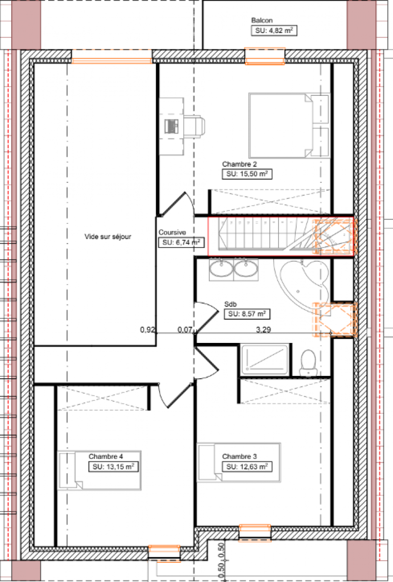 Plan maison à étage 4 chambres et carport - étage