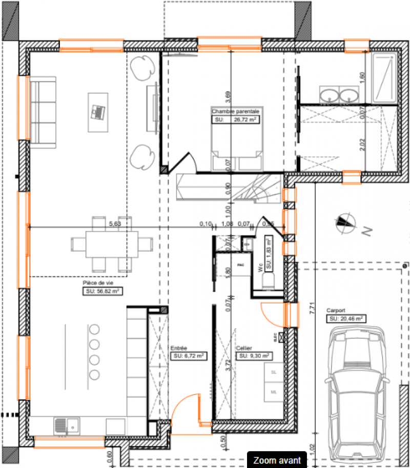 Plan maison à étage 4 chambres et carport - rdc