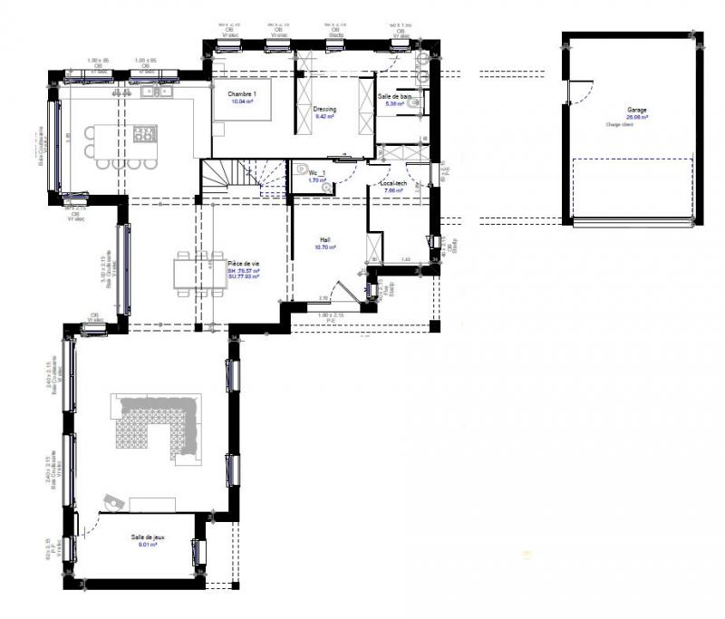 Plan maison R+1 cubique sur-mesure 4 chambres - rez-de-chaussée