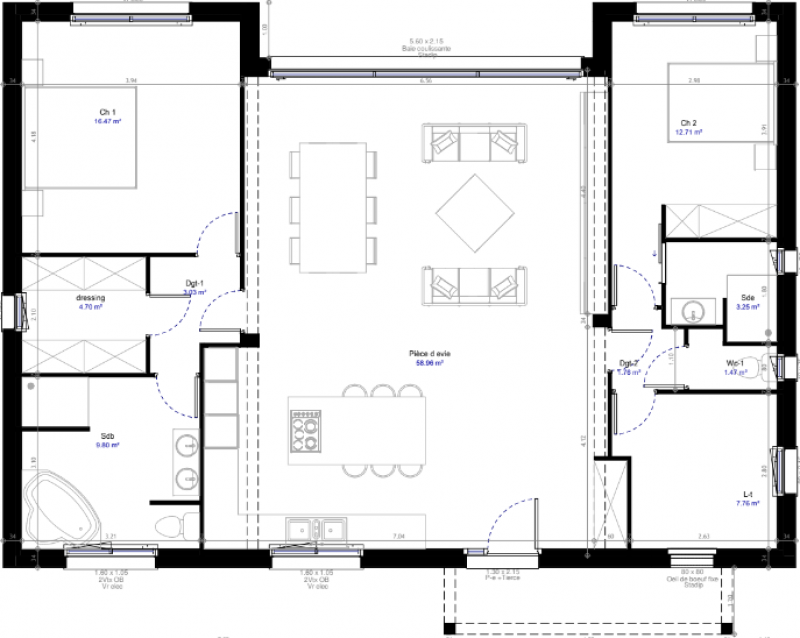 Plan maison sur mesure de plain pied 3 chambres 3