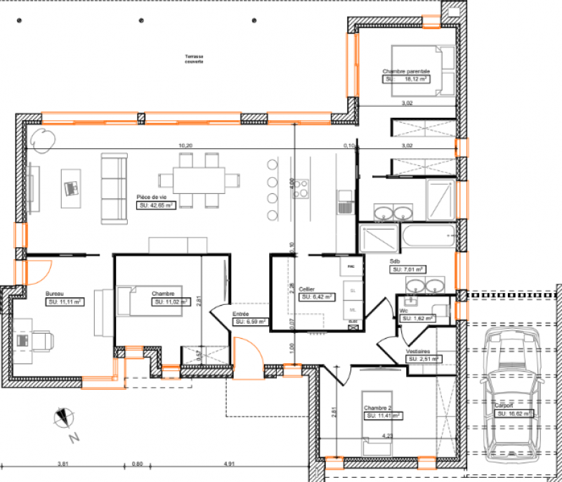 Plan maison sur-mesure plain-pied 3 chambres