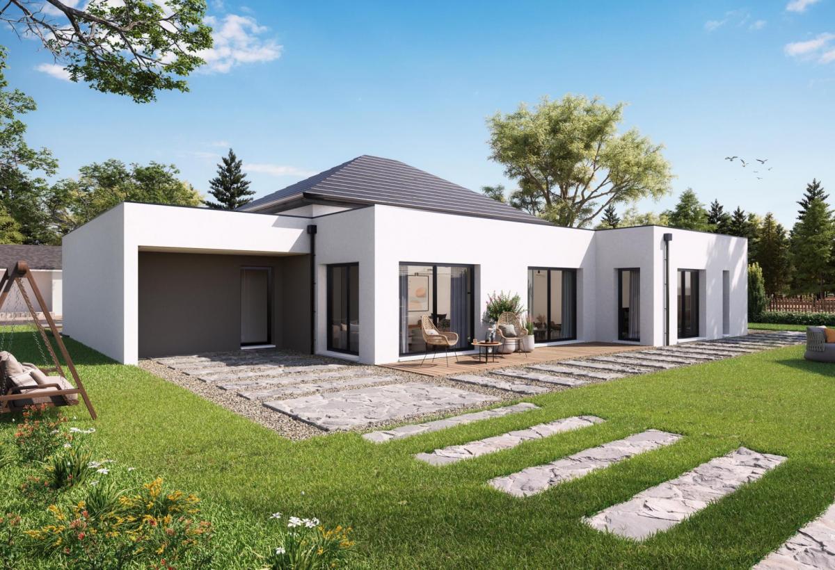 Plan de maison plain-pied de 149 m², 4 pièces, 3 chambres, 2 salles de bain, et avec garage.