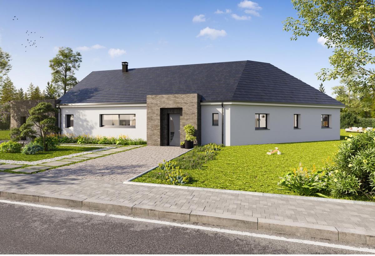 Plan de maison plain-pied de 207 m², 8 pièces, 4 chambres, 2 salles de bain, et avec garage.